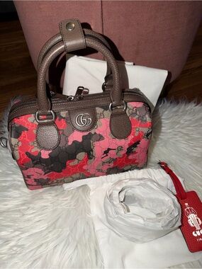 GUCCI Camo Boston Bag Pink Red Beige GG Canvas Brn Leather Trim Small Duffle NWT